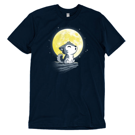 A navy blue Lil' Werewolf t-shirt with an image of a wolf in the moonlight by TeeTurtle.
