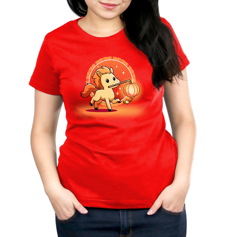 Premium Cotton T-shirt_TeeTurtle red Lunar New Year Horse apparel featuring a yellow horse with an orange mane holding a lantern on a stick in its mouth, with a background of Lunar New Year elements.