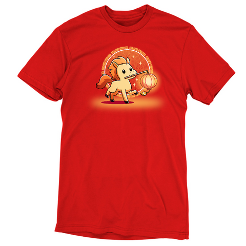 Premium Cotton T-shirt_TeeTurtle red Lunar New Year Horse apparel featuring a yellow horse with an orange mane holding a lantern on a stick in its mouth, with a background of Lunar New Year elements.