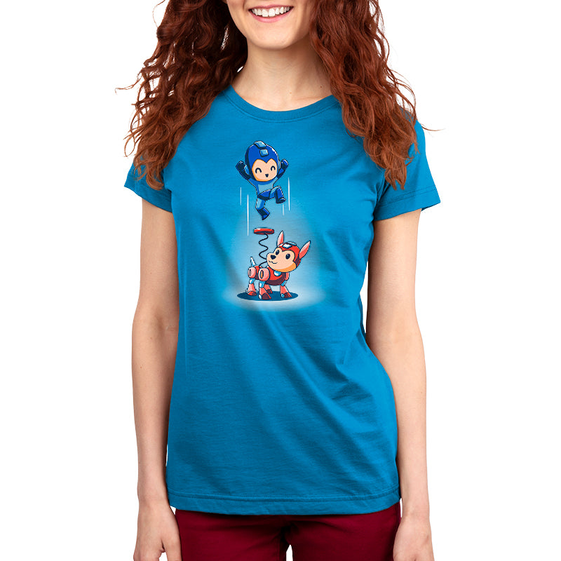 Premium Cotton T-shirt - An officially licensed Capcom Mega Man and Rush Coil women's apparel with a cartoon character on it.