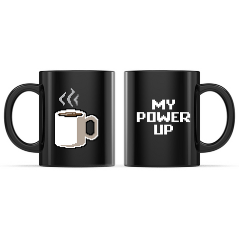 Ceramic Mug_TeeTurtle My Power Up black mug featuring a pixelated coffee cup, with the caption, “My Power Up“.
