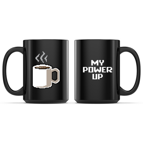 Ceramic Mug_TeeTurtle My Power Up black mug featuring a pixelated coffee cup, with the caption, “My Power Up“.