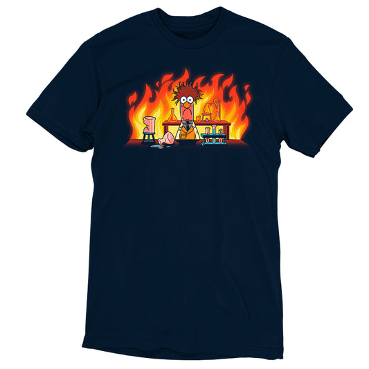 A officially licensed Beaker's Lab Explosion t-shirt with an image of a man and a woman in front of a fire, by Muppets.