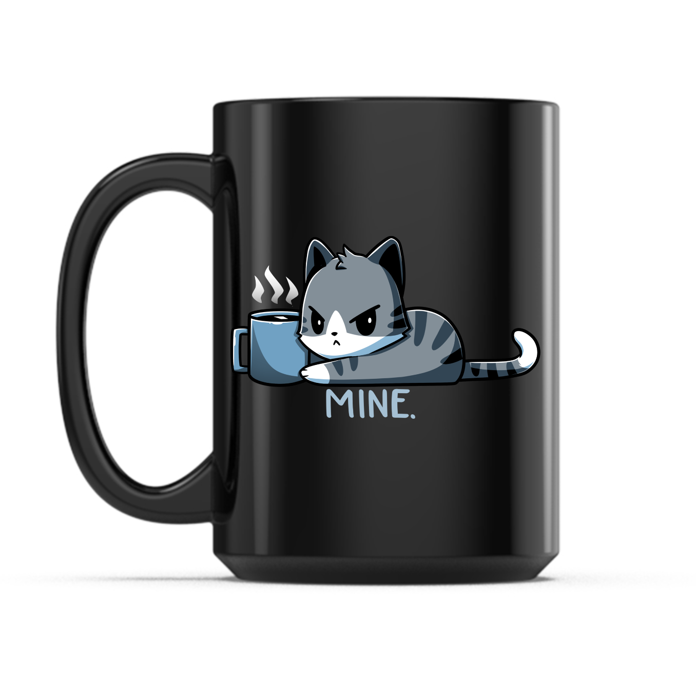 Ceramic Mug_TeeTurtle Mine. black mug featuring a grumpy cat holding onto a coffee mug with the caption, “Mine.“.