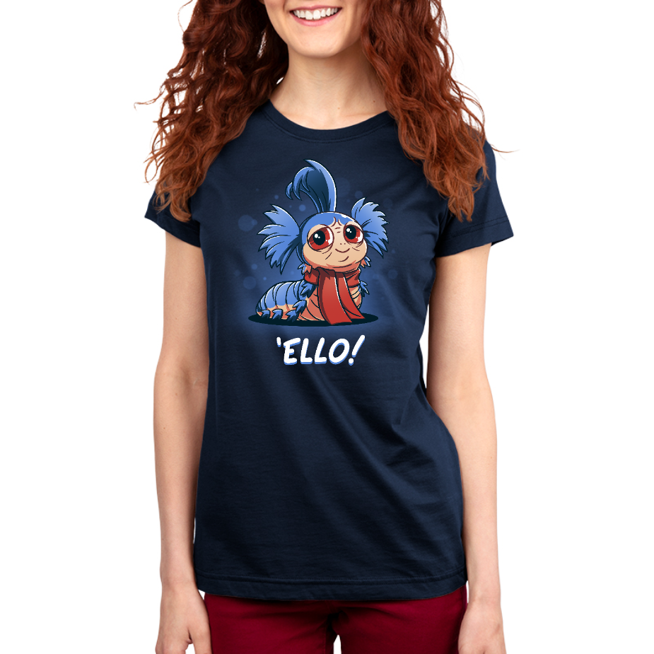Premium Cotton T-shirt_TeeTurtle navy blue Ello! apparel featuring the worm William from the Labyrinth with a friendly, welcoming expression surrounded by transparent circles, and the caption, "Ello!".