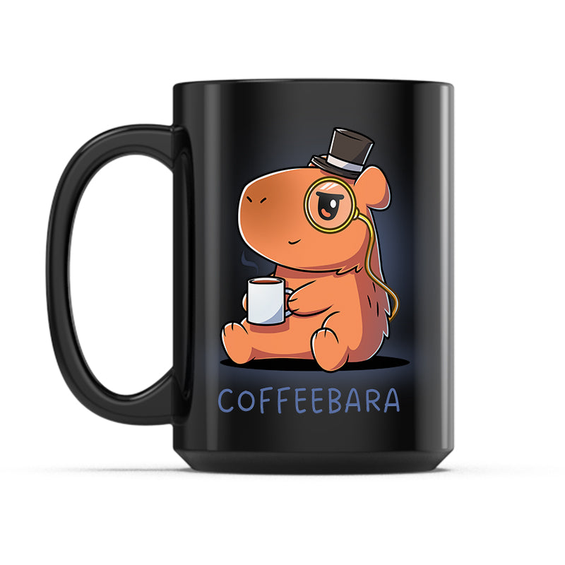 Ceramic Mug_TeeTurtle Coffeebara black mug featuring a capybara wearing a top hat and monocle holding a cup of coffee.