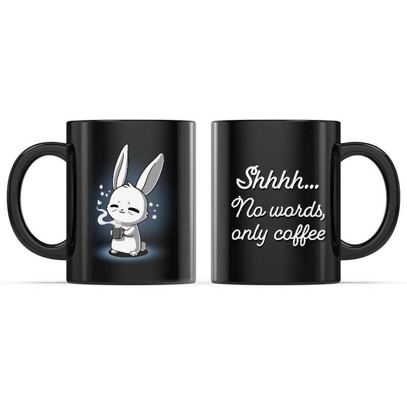 Ceramic Mug_TeeTurtle No Words, Only Coffee black featuring a tired bunny inhaling the scent of coffee with a relieved expression.