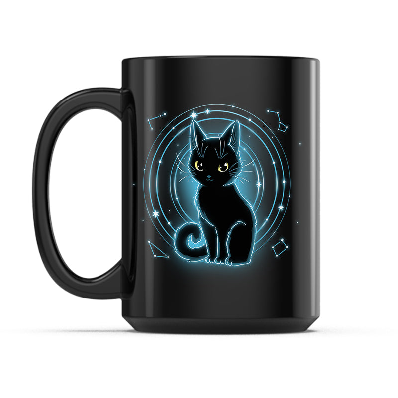 Ceramic Mug_TeeTurtle Celestial Cat black mug featuring a black cat surrounded by celestial symbols.