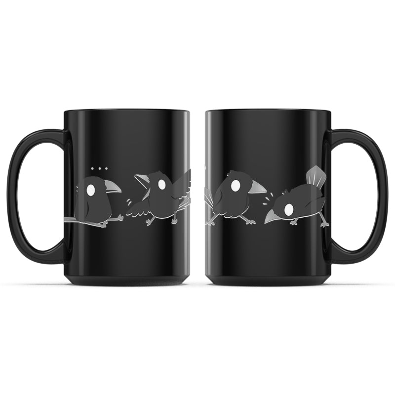 Ceramic Mug_TeeTurtle Crow Chatter black mug featuring a murder of crows in various poses.