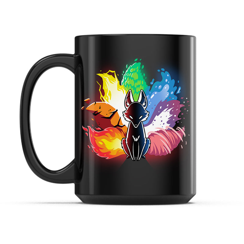 Ceramic Mug_TeeTurtle Elemental Kitsune black mug featuring a kitsune with tails made of various elements.
