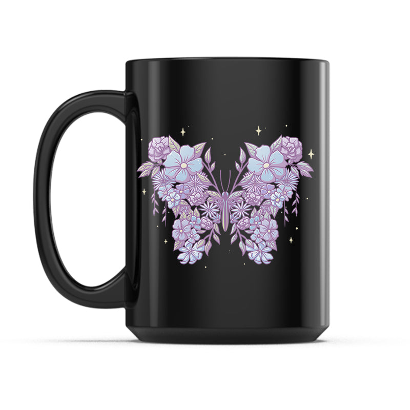 Ceramic Mug_TeeTurtle Floral Butterfly black mug featuring a butterfly made out of various flowers.