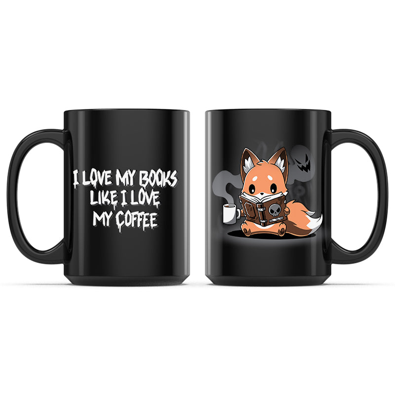 Ceramic Mug_TeeTurtle I Love My Books Like I Love My Coffee black mug featuring a fox holding a cup of coffee while reading a book with a skull on it.