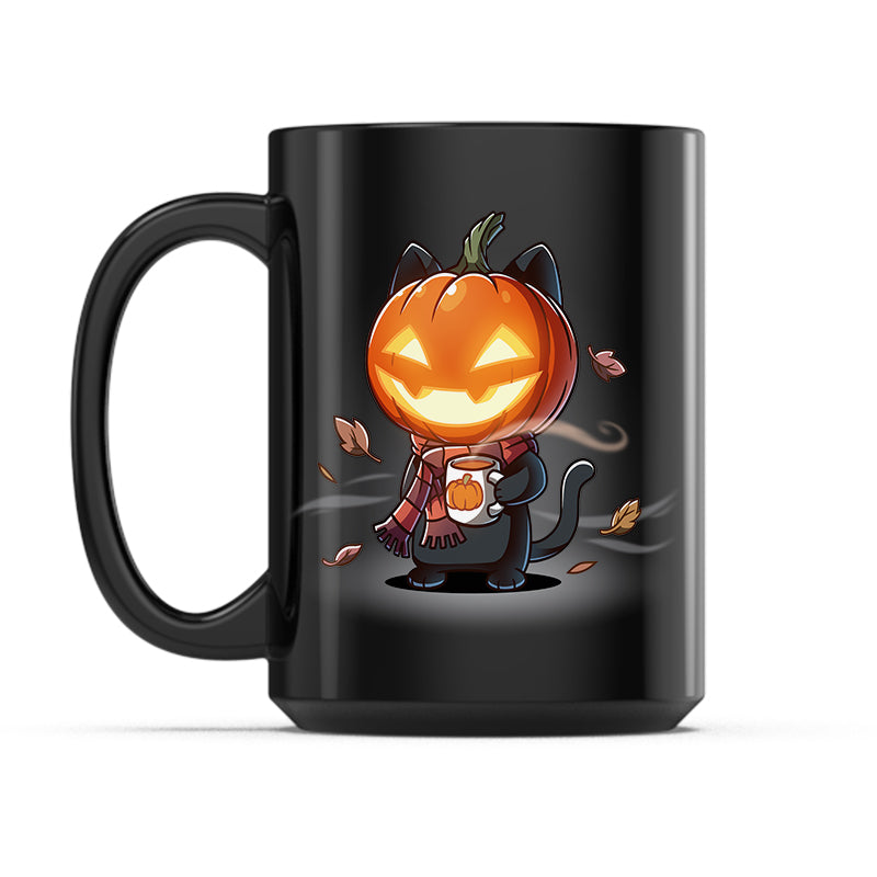 Ceramic Mug_TeeTurtle Ready for Fall black mug featuring a black cat wearing a pumpkin holding a cup of coffee.
