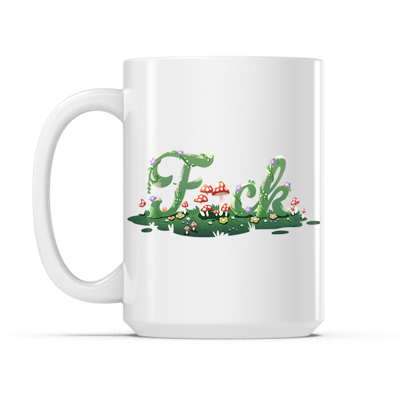Ceramic Mug_TeeTurtle Floral F*ck white mug featuring plants and mushrooms spelling out, "fuck" with mushrooms in place of the letter U.