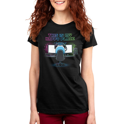 A woman wearing a black T-shirt with the text "My Rig is My Happy Place" from TeeTurtle.