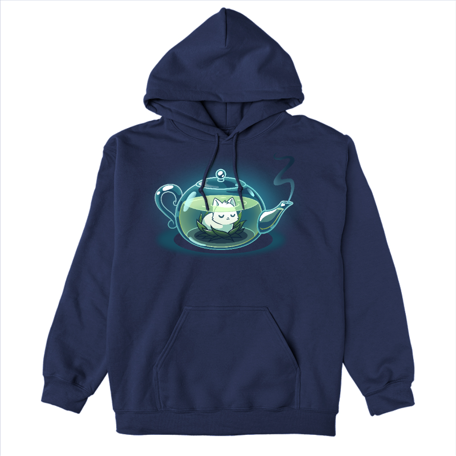 Pullover Hoodie_TeeTurtle navy blue My Inner Tranquili-Tea apparel featuring a white cat sitting in the middle of a green lotus blossom inside a transparent, steaming teapot.