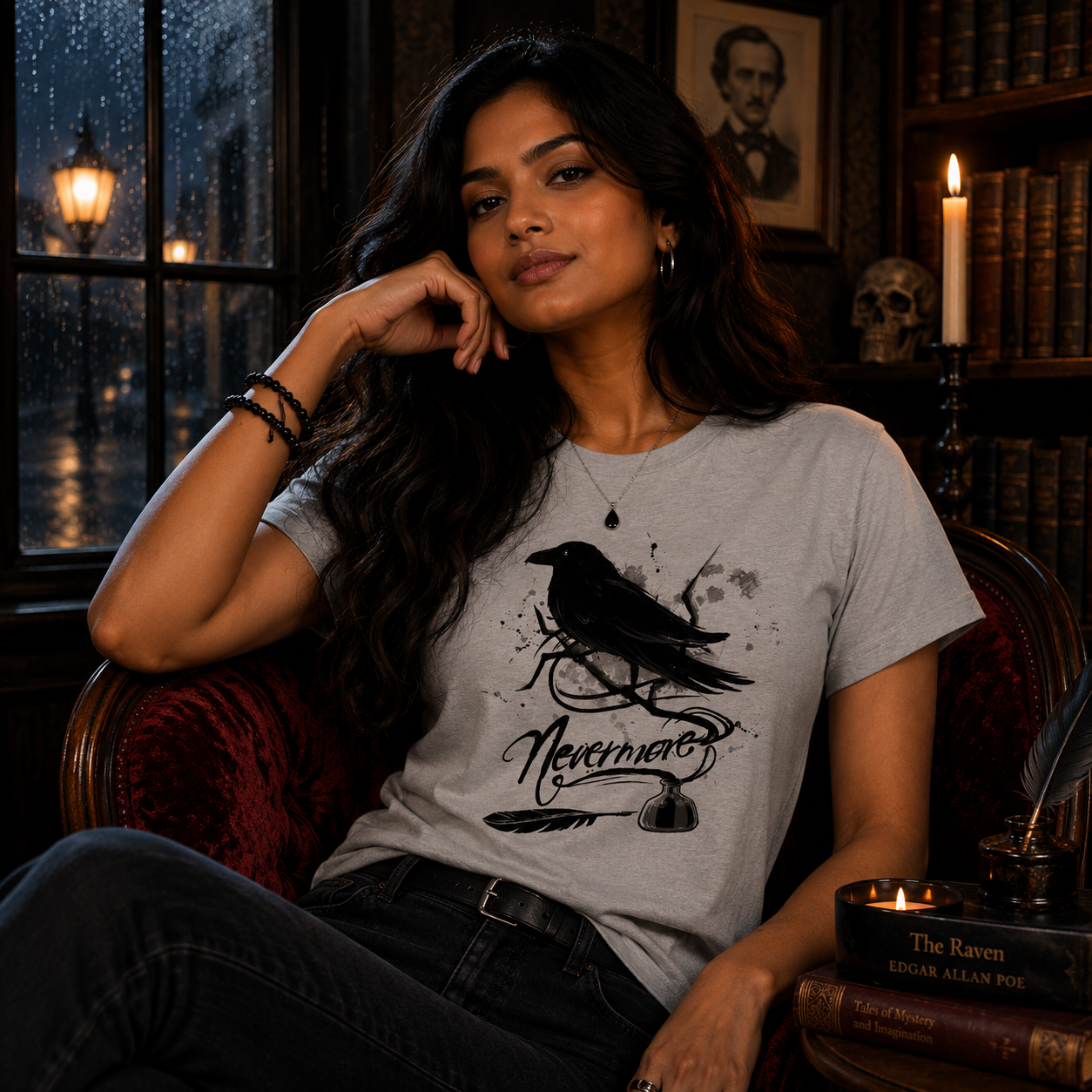 Premium Cotton T-shirt_TeeTurtle silver gray Nevermore. Featuring a raven perched on a branch coming out of an inkwell.