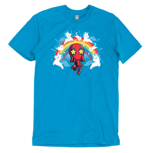 A blue OMG Deadpool! T-shirt officially licensed with a cartoon character and a rainbow in the background. (Brand Name: Marvel - Deadpool/X-Men)