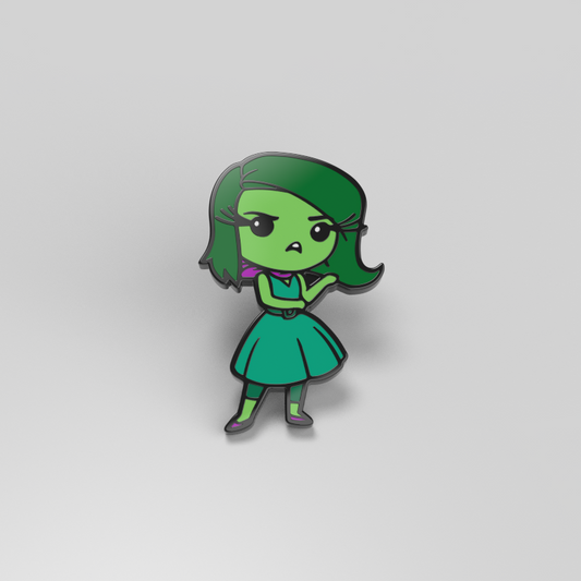 An officially licensed Pixar Disgust Pin featuring a green haired girl in a dress with enamel dimensions.