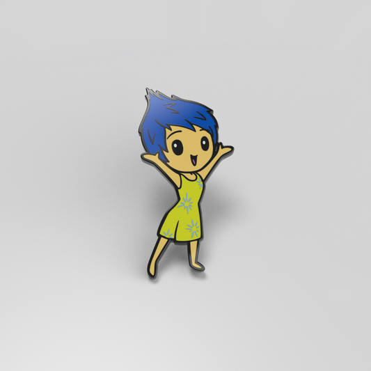An officially licensed Pixar enamel pin featuring Joy from Inside Out, depicted as a blue-haired girl in a yellow dress.