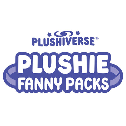 Logo of "Plushiverse Udderly Adorable Plushie Fanny Pack" by TeeTurtle with a stylized text and "Plushiverse" trademark above, featuring an adjustable belt.