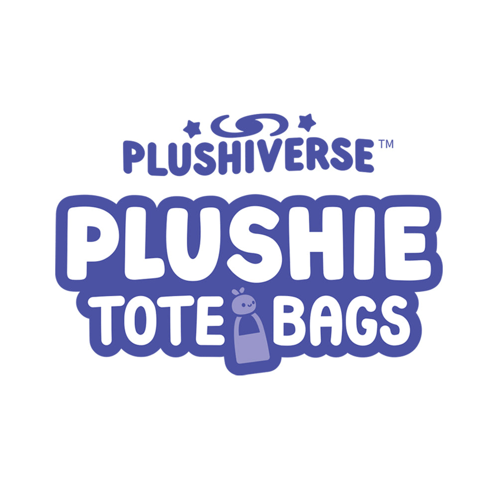 Sentence with replaced product: Logo of "Plushiverse Bamboo Snack Plushie Tote Bags" featuring stylized text and mascot images from TeeTurtle.