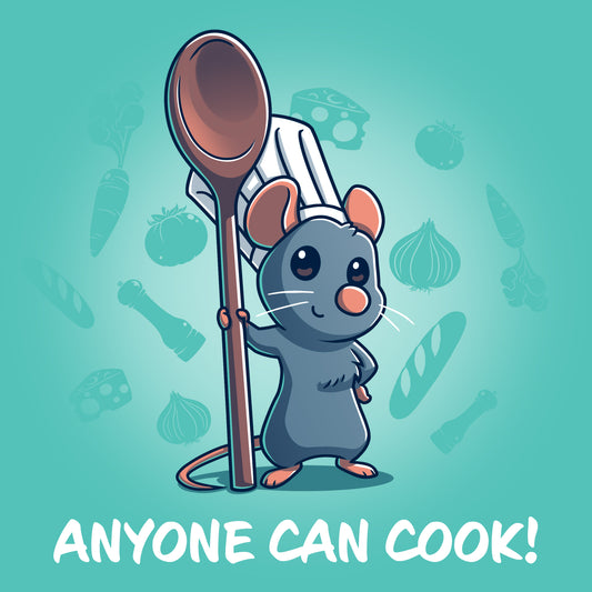 Licensed Disney products featuring Remy from Ratatouille, such as a super soft Anyone Can Cook t-shirt, holding a spoon.