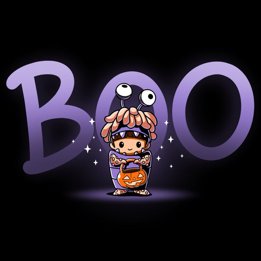 A licensed Disney character holding a pumpkin with the word Boo on it, showcasing Pixar's Boo's Halloween Costume.