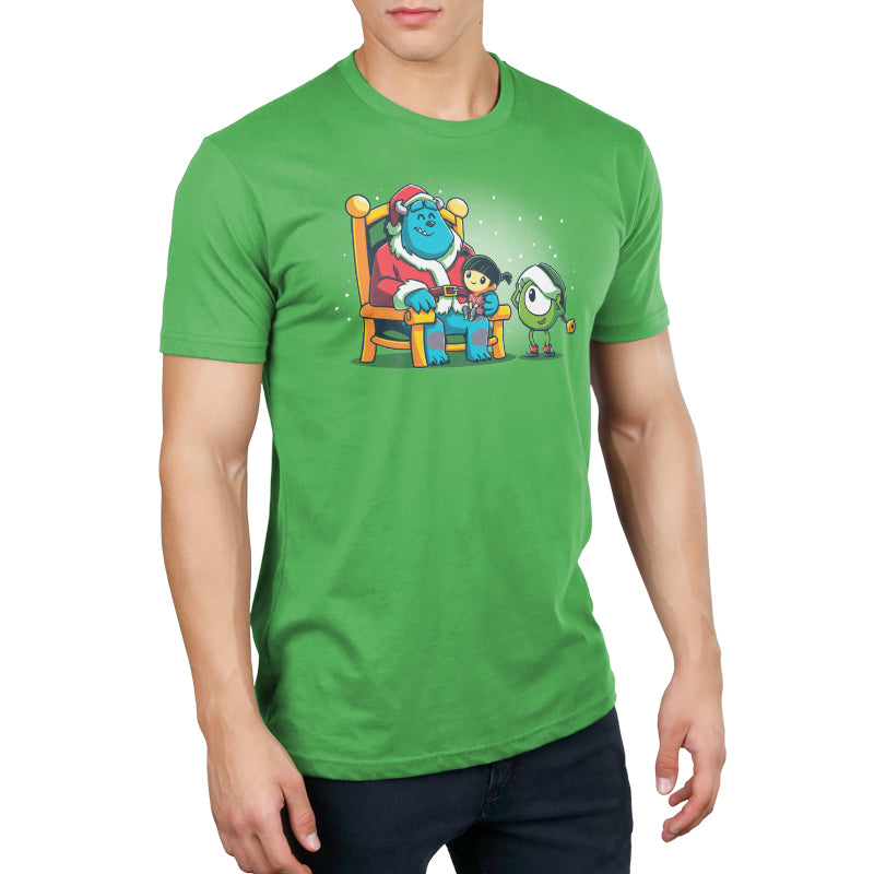 A man wearing an officially licensed Disney Monsters Inc. t-shirt with Santa Sully, Elf Mike, and Boo characters sitting on a throne.