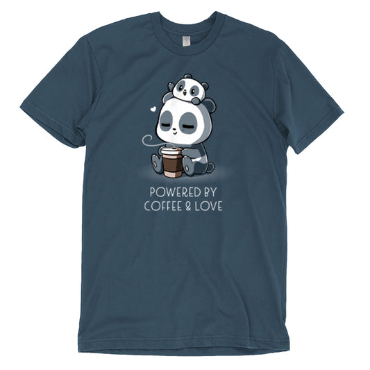 A coffee-loving panda bear donning a T-shirt with the phrase 