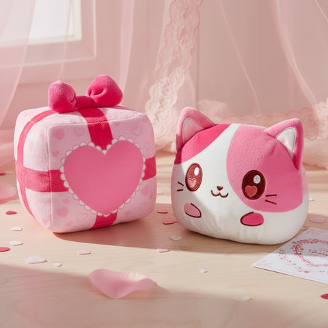 Valentine Present Cat 4" Reversible Plushie surrounded by paper hearts, and a card with lace curtains in the background