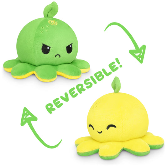 TeeTurtle Reversible Octopus Plushie (Lemon + Lime) from TeeTurtle that transforms from a green grumpy octopus to a yellow smiling octopus with a flip.
