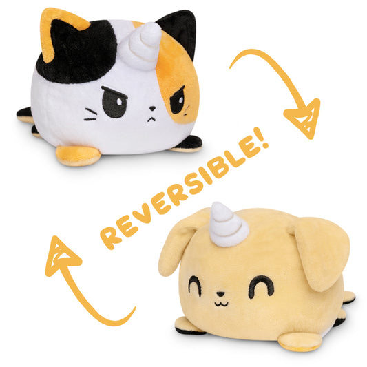 Two TeeTurtle Reversible Kittencorn & Puppicorn Plushies (Calico + Tan), adorned with the word 