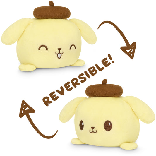 Two Sanrio TeeTurtle Reversible Pompompurin Plushies with the words reversible on them.