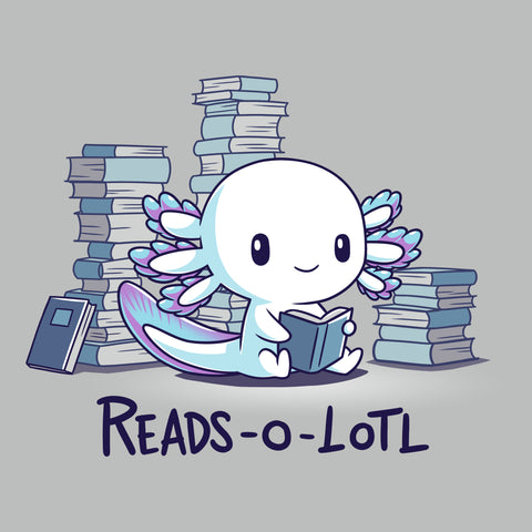square-image-grid-Premium Cotton T-shirt_TeeTurtle Reads-o-lotl silver gray t-shirt featuring a cute white and blue purple axolotl reading a book, surrounded by stacks of books, with the text "READS-O-LOTL" below.