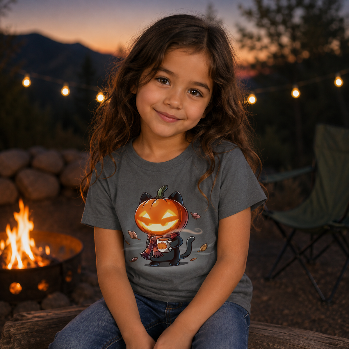 Kids' Classic T-Shirt_TeeTurtle charcoal Ready for Fall Kids' Classic T-Shirt featuring a cute black cat with a glowing jack-o'-lantern head wearing a striped scarf and holding a warm mug while autumn leaves swirl around it.