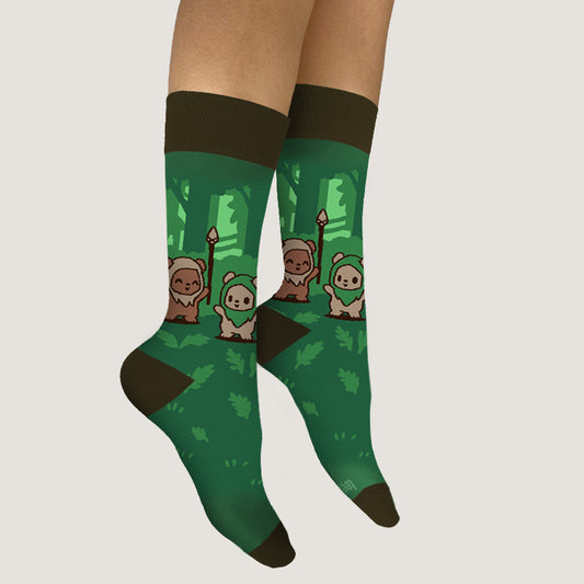 Officially licensed Star Wars Ewok socks with animals in the forest.