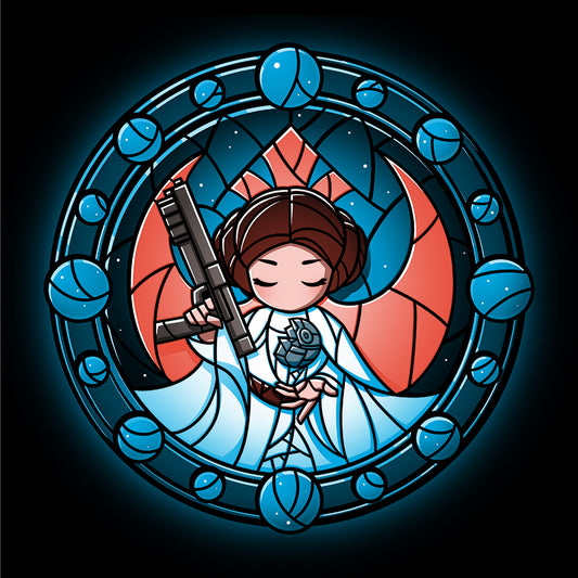 Illustration of a character styled as a stained glass window, depicting a sci-fi warrior in white and red robes holding a blaster on an Officially Licensed Star Wars Princess Leia Stained Glass Window T-shirt.