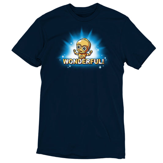 Officially licensed Star Wars Wonderful! t-shirt featuring the word wonderful and C-3PO.