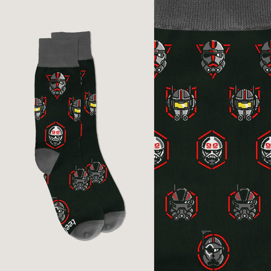 A pair of black one size fits all Star Wars Bad Batch socks with a repeated pattern of colorful robot faces on them.