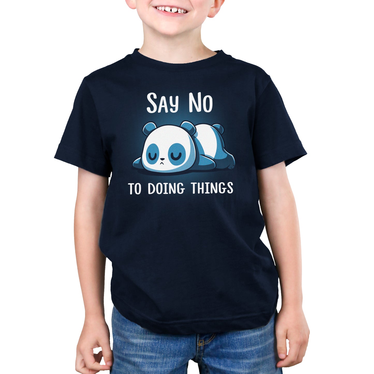 A comfortable boy wearing a Say No To Doing Things t-shirt from TeeTurtle.