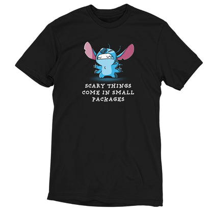 A black t-shirt that says "Scary Things Come in Small Packages", inspired by Disney's Lilo & Stitch.