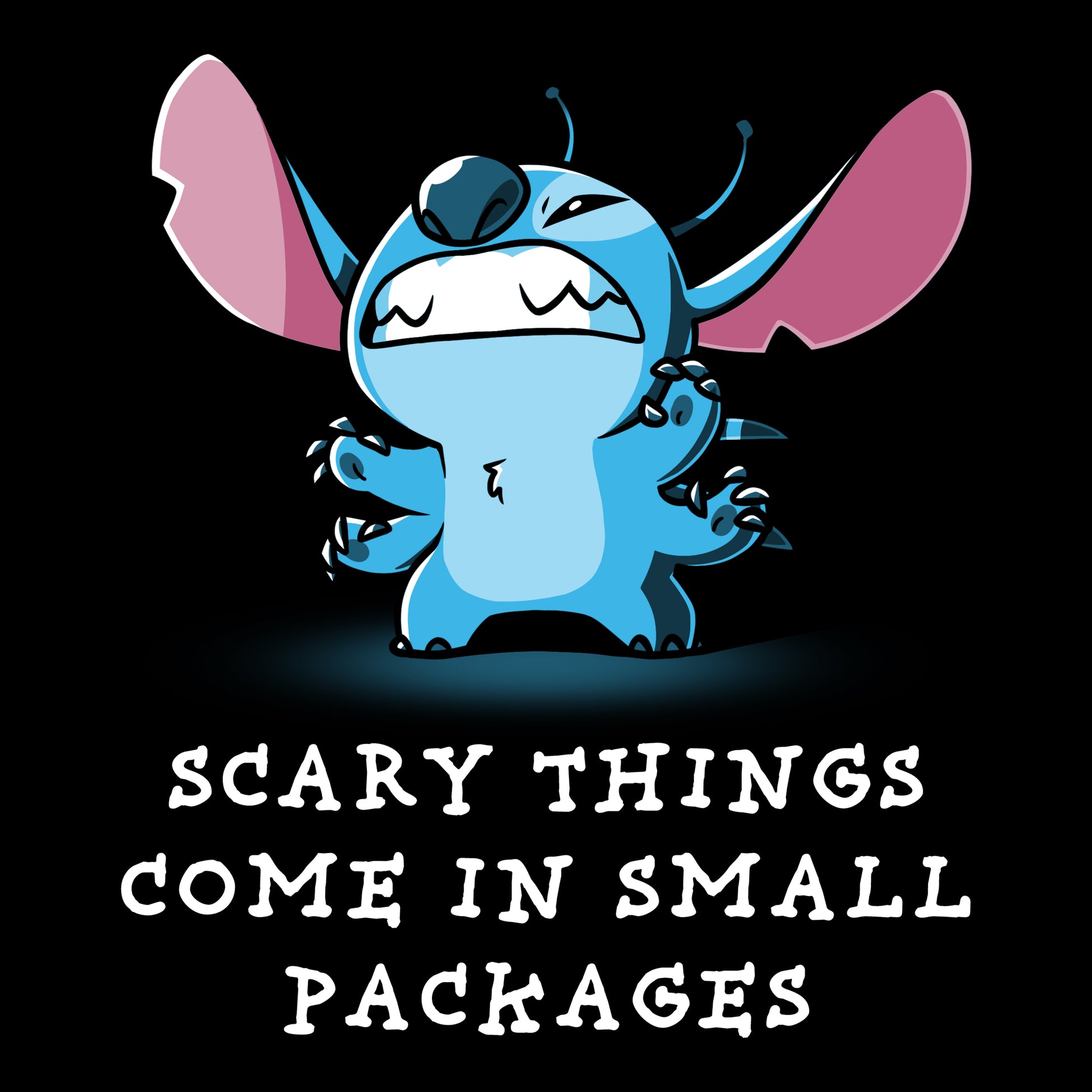 Stitch scares in a tiny Disney t-shirt called "Scary Things Come in Small Packages" by Disney.