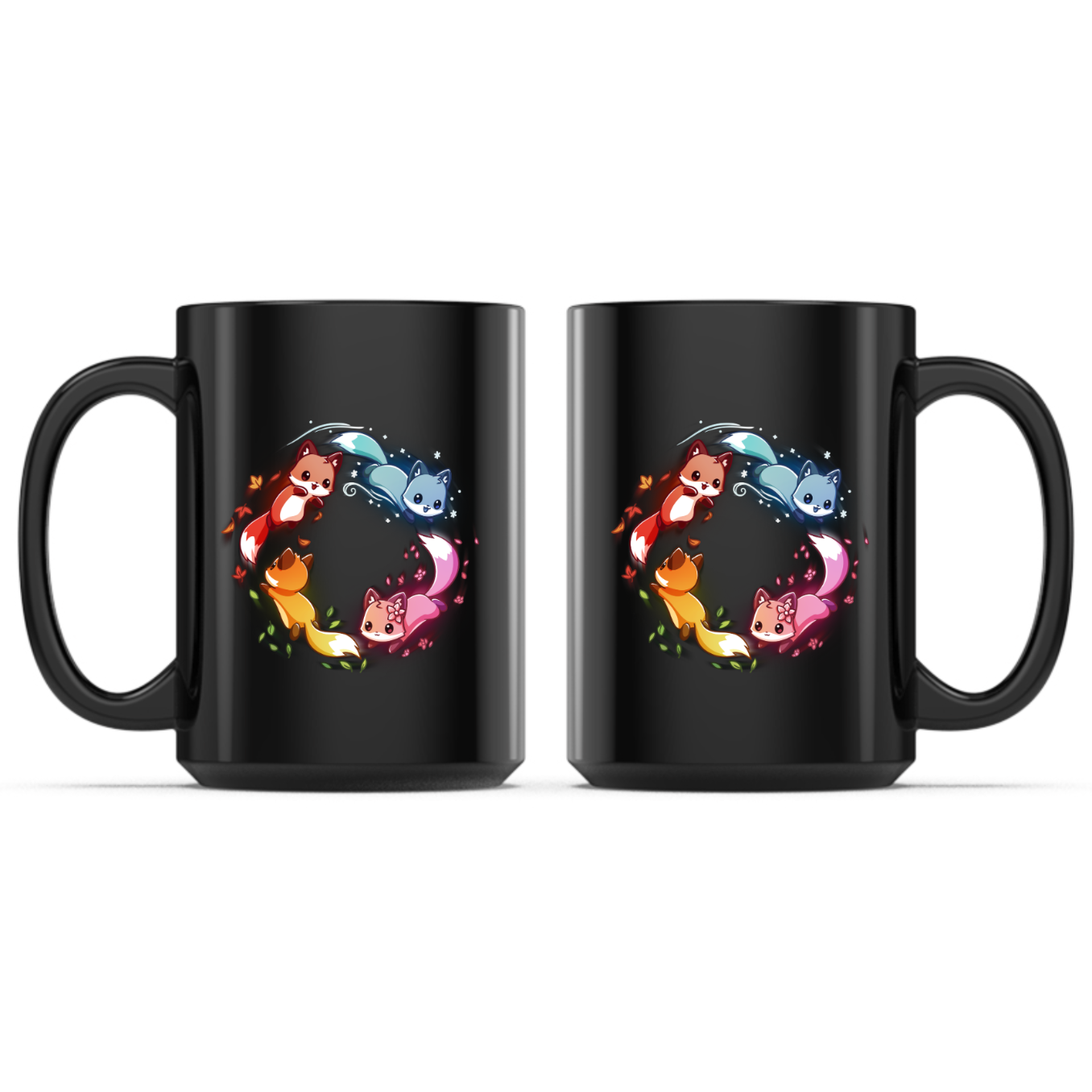 Ceramic Mug_TeeTurtle Seasonal Foxes Mug black mug featuring four adorable foxes representing the seasons arranged in a circle, with autumn leaves, winter snow, spring blossoms, and summer greenery trailing behind them.