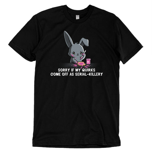 A quirky black Serial-Killery t-shirt featuring an image of a bunny with a cup of coffee by TeeTurtle.