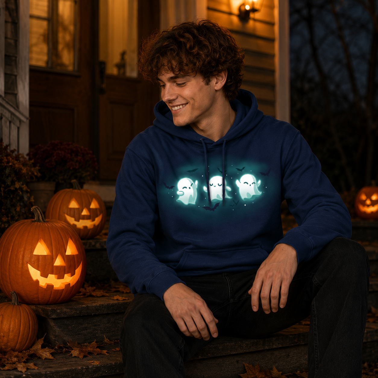 Pullover Hoodie_TeeTurtle navy Spooky Boo-gie Pullover Hoodie featuring three glowing white ghosts dancing together while black bats fly around them.