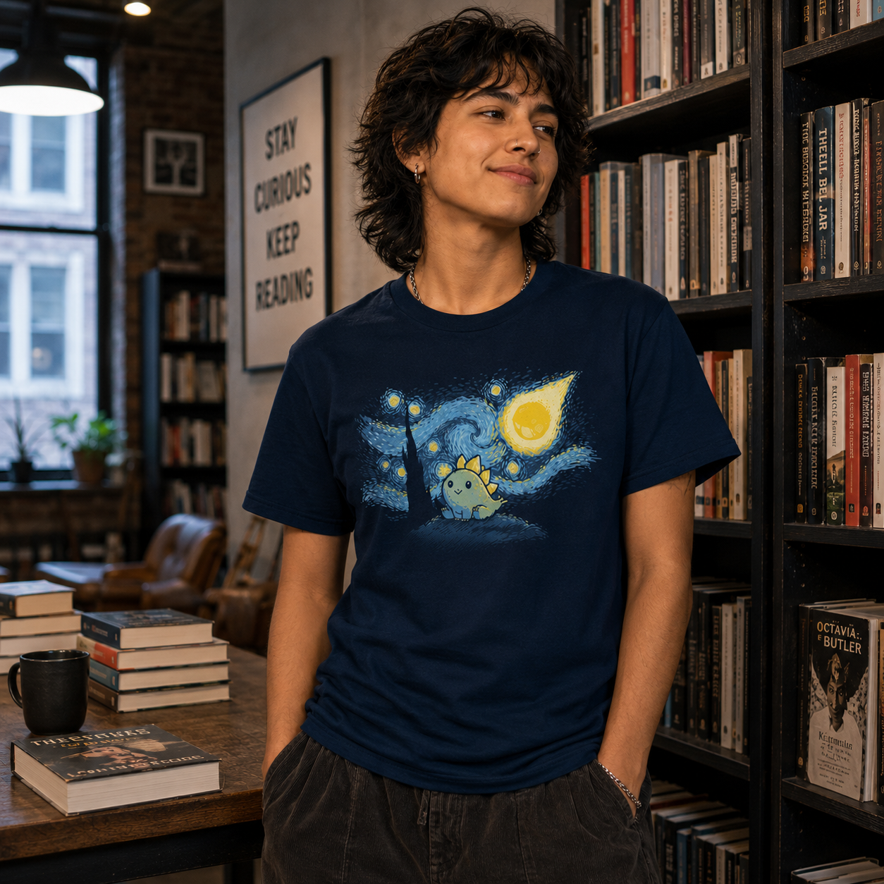 Premium Cotton T-shirt_TeeTurtle navy blue Stego Night featuring an illustration of a cute dinosaur with stegosaurus-like plates, set against a "Starry Night"-inspired background.