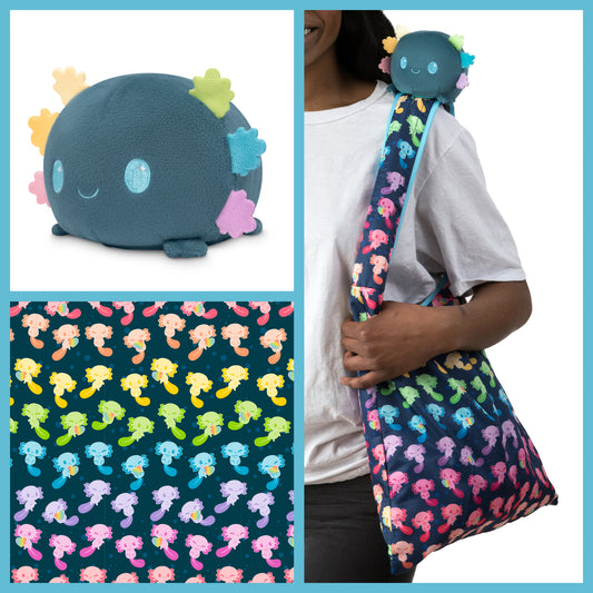 A woman is holding a secret Plushiverse Rainbow Axolotl Plushie Tote Bag adorned with a TeeTurtle plushie friend.