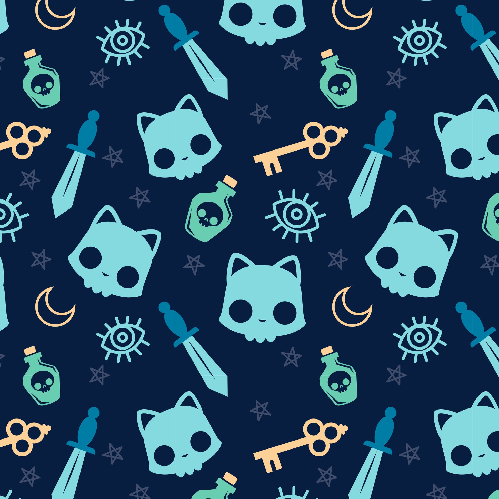A Plushiverse Skeleton Cat Plushie Tote Bag with a cat, moon and stars pattern, perfect for TeeTurtle plushies enthusiasts.
