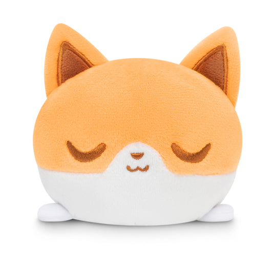 A TeeTurtle Plushiverse Floral Fox Plushie Tote Bag, in the shape of a cat, with its eyes closed.